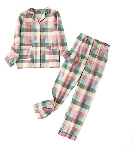 DSKK Ensemble de Pyjama pour Femme Flanelle Coton Confortable Boutonné Manches Longues Chemise et Pantalons (Rose,S)
