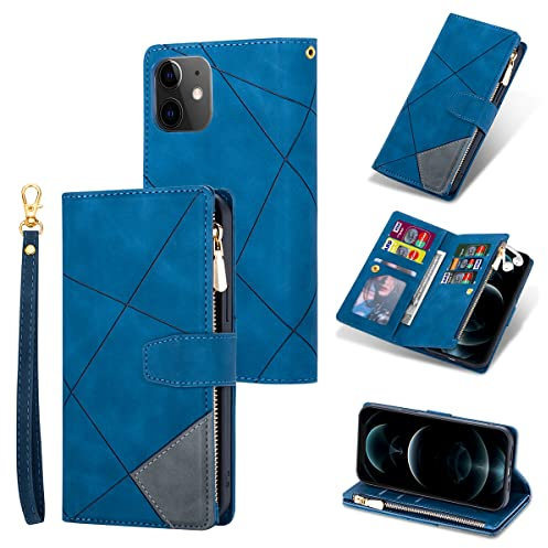 UEEBAI Wallet Case for iPhone 11 6.1, Vintage Premium PU Leather Cover Flip Case with Card Slots Magnetic Closure Zipper Pocket Kickstand Handbag with Hand Strap - Splice Blue