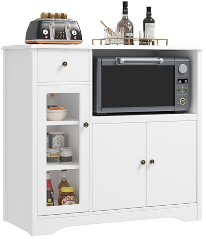 HORSTORS Microwave Cabinet, Kitchen Storage Cabinet with 3 Doors and 1 Drawer, Buffet Sideboard with Adjustable Shelves, Microwave Stand for Kitchen, Dining Room, White