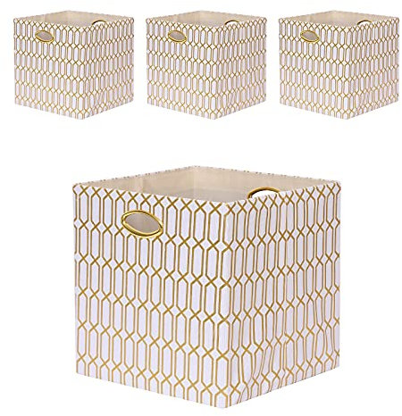 Fboxac Collapsible Organization Basket Polyester Foldable Box with Handles, 11x11 Cube Storage Bins Set of 4, Thick and Heavy Duty Storage Baskets for Shelves Bedroom Livingroom, Geometry White-gold