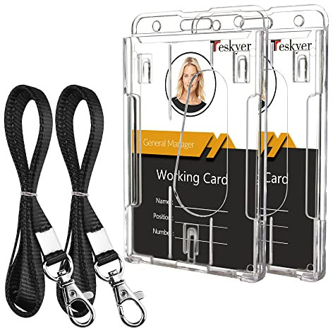 Teskyer 2 Pièces Porte Badge en Plastique dur avec Lanière, Porte Badge Tour de Cou, Porte-nom Vertical Transparent pour Carte d'identité, Noir