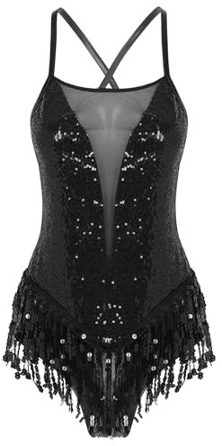 JEATHA Damen Pailletten Ballett Trikot Body mit Fransen Glitzer Gymnastikbody Tanzbody Latin Bodysuit Rückenfrei Leotard Dancewear Tanzkostüm Schwarz XL
