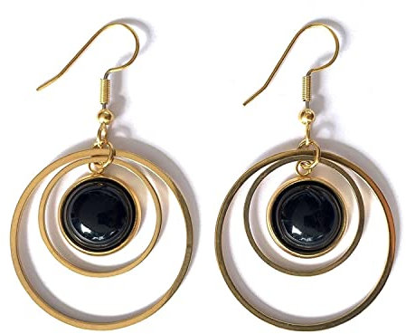 Double Hoop Anhänger Ohrringe mit Schwarzem Achat Stein - Gold plattiert Edelstahl und Natürlichen Steinen - Perfekte Schützende Geschenk Charme (Achat)
