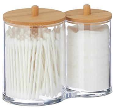 Relaxdays Porta Cotton Fioc, Bagno, Dispenser per Dischetti di Cotone, Plastica, Coperchi in bambù, Naturale Trasparente, 12 x 15 x 8.5 cm