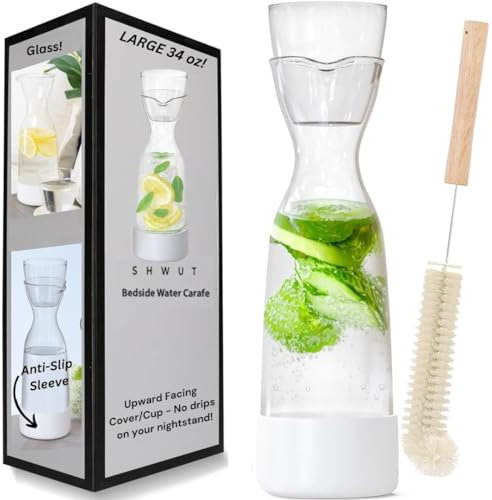 Bedside Water Carafe and Glass Set - Lead-Free Glass Carafe w/Brush - Anti-Skid & Ergonomic Handle Bedside Water Dispenser - Dishwasher Safe & Microwave Safe Carafe Set for Table or Nightstand
