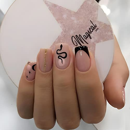 24Pcs Square False Nails Short, French Tip Stick on Nails Black Snake Press on Nails, Nude Fake Nails Set with Designs, Removable Acrylic Full Cover Glue-on Nails for Women Girls