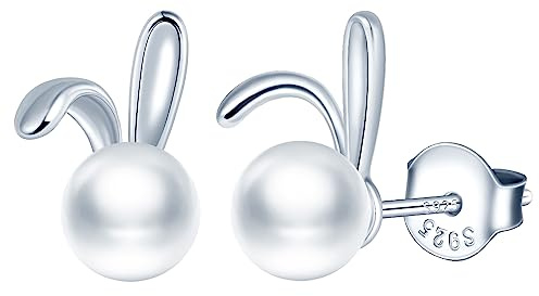 Yumilok Damen Halskette Ohrringe Damen Ohrstecker Halskette Collier Ohrstecker 925 Sterling Silber Perle Kaninchen für Damen