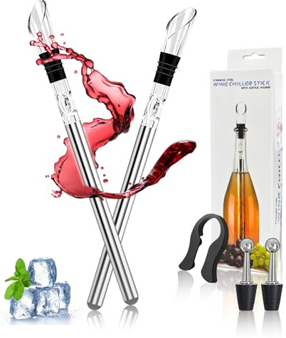 FungLam Professional 5-in-1 Wine Cooling Stick Set with Stainless Steel Cooling Stick, 2 Cooling Rods, 2 Bottle Caps and 1 Foil Cutter - Perfect Red and White Wine Gift Set