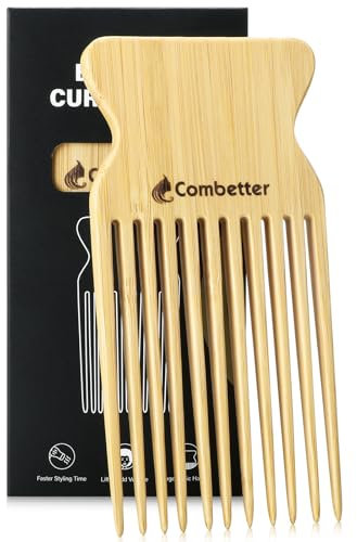 Combetter Bamboo Hair Pick, Enhance Curl Definition & Volume all Curly Hair, Eco-Friendly Afro Pick for Detangling & Styling, Natural Wood Styling Tool for Men, Women & Kids