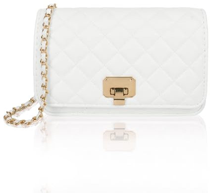 Ladies Shoulder Bag Small Flap Crossbody Bags, Quilted Designer Handbags White Evening Clutch PU Leather Mobile Phone Bags with Chain Strap & Buckle Closure for Banquet Holiday Night Out Daily Life
