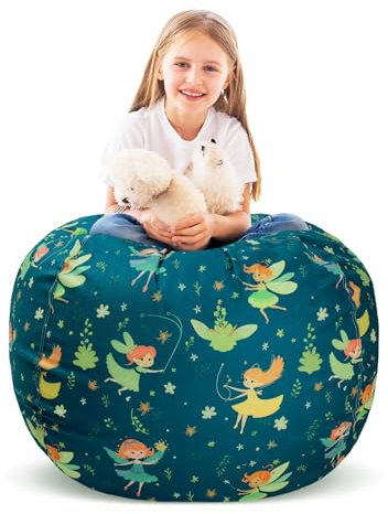 Decalsweet Sitzsack Kinder Spielzeug Stofftier Aufbewahrung, Große Größe Kuscheltiere Aufbewahrung für Mädchen Jungen, Aufbewahrung Organizer Lagerung Kinderzimmer (Nur Tasche) Grün Blumenfee