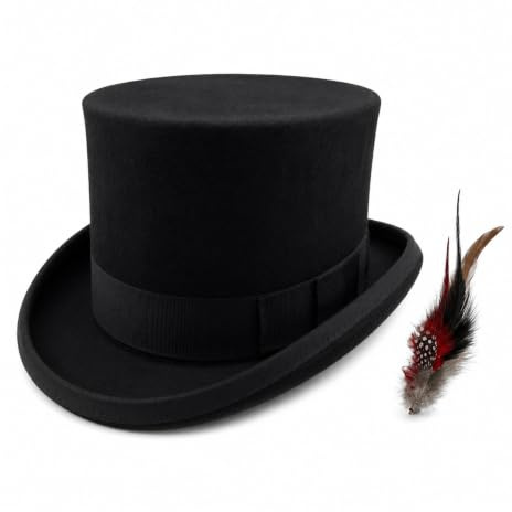 Wool Top Hat for Men Women Topper Derby Hat Mens Tophat Christmas Costume | Unisex 100% Pure Wool Tall Top Hat Satin Lined Party Dress Hats Derby Hats Steampunk Hat for Halloween Wedding Formal Events