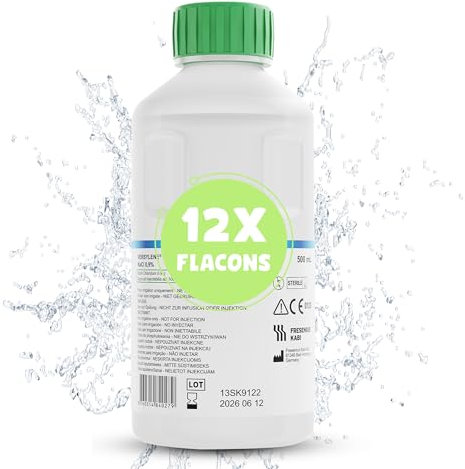 Sérum physiologique bouteille stérile 500ml | Lavage nez bébé enfant adulte | Nacl 0,9% | Solution saline | Rhume | Flacon | Quantité 12 | Utilisation maternité sage femme et famille| FRESENIUS