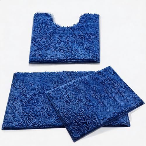 MEGAROOM Chenille Badezimmerteppich Set 3 Teilig, Ultra-weich Badematte & U Förmige wc Vorleger, Antirutsch Badezimmer Set Waschbar für Badezimmer, WC, Wohnzimmer, Schlafzimmer, Dunkelazurblau