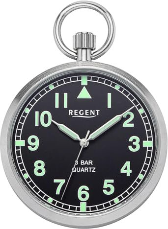 REGENT Herren Taschenuhr Edelstahl 43 MM Quarz Schwarzes Zifferblatt Arabische Zahlen Tasche P-771