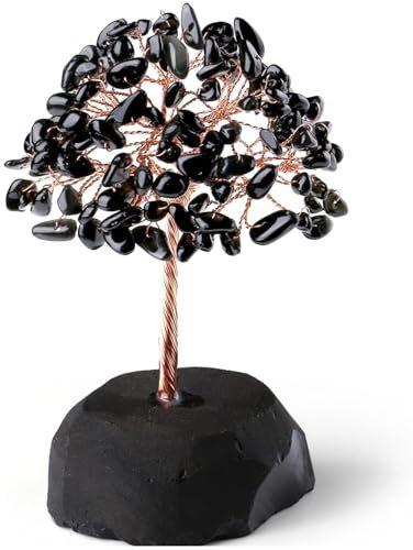Pasdrucn Baum Des Lebens Kristall, Amethyst Stein, Lebensbaum Deko, Mischstein Heilung Edelstein Baum Mit Achat Scheiben Base, Edelsteine Heilsteine Für Kristalltherapie (Obsidian)