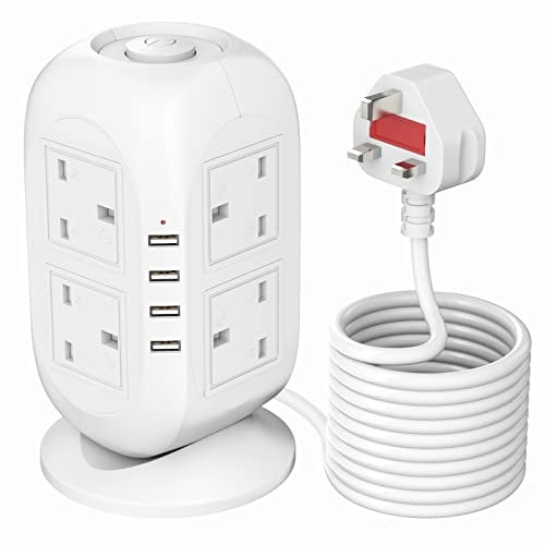 Tower Extension Lead with USB Slots,Outlets Multi Plug Extension Tower with 2M Extension Cable, Surge Protected Extension Lead with Independent Switch,Overload Protection Power Strip