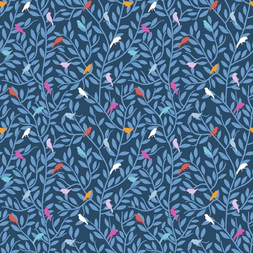 Baumwoll-Stoff bunte Vögel ab 1m x 145 cm Popeline Fahnentuch Sommerstoff Oeko-Tex Meterware, Farbe:008 - marine