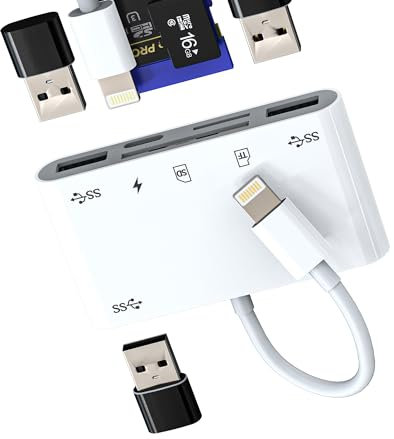 Lightning to USB Micro SD Card Reader Charger Adapter 6in1 for iPhone 13 14 Pro Max for iPad Dongle for Apple MFI Certified Hub Cable TF OTG Camera Memory Cord Converter Splitter Charging Accessories