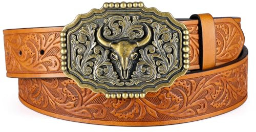 JasGood Western Ledergürtel für Herren Damen Cowboy Cowgirl Herren Gürtel Graviert Geprägter Ledergürtel mit Abnehmbare Schnalle für Jeans Hosen Rodeo,Braun,120cm