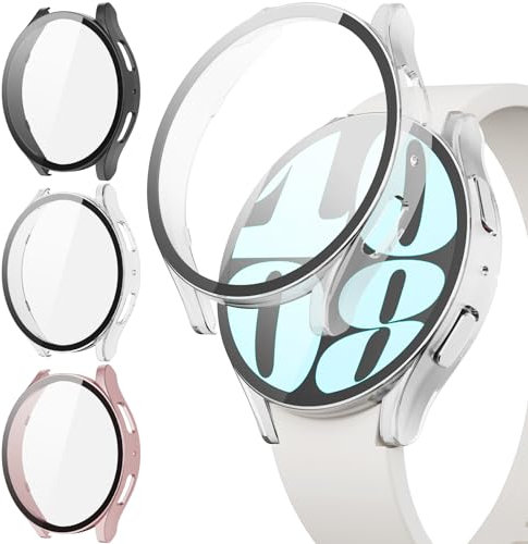 JYQ 3-Stück Schutzhülle mit Displayschutzfolie Kompatibel mit Samsung Galaxy Watch 4/5 40mm, Rundum Ultradünne Hard Gehäuse Eingebaut Kratzfest Gehärtetes Glas Schutzfolie für Samsung Watch 5/4 40mm