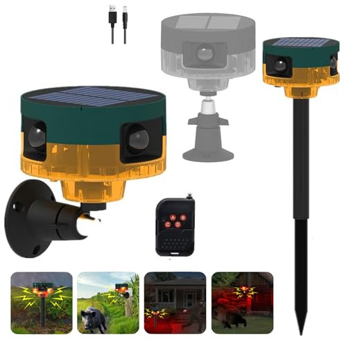 Solar-Outdoor-Sport-Sensor, 360-Grad-Bewegungserkennungs-Sirene: Hund bellt und Schuss, 2 x 130 dB Geräuschmacher, unterstützt Aufnahme, Modus Stroboskoplicht mit USB (Gelb 1pcs)