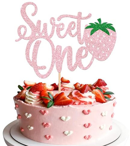 1 Stück Erdbeere Sweet One Geburtstag Tortendeko, Glitzer Strawberry Kuchen Deko Sommer Früchte Cake Topper für Baby Dusche 1. Geburtstag Party Rosa