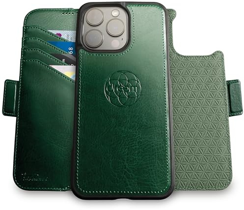 Dreem Vegan Leather Magnetic Detachable Wallet Case for iPhone 16 Pro Max | Revolutionary Vert/Hor Phone Stand, RFID Blocking Card Holder Flip Cover, MagSafe-Fit, Gift Box [Fibonacci: Green]