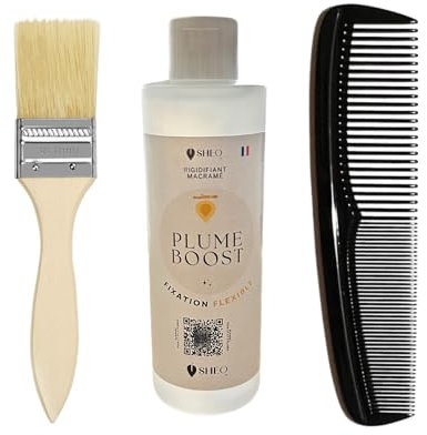 Plume Boost Flexible Durcisseur textile transparent -Peigne macrame- colle Feuille ou plume macrame - Rigidifiant macramé- Colle macrame reversible-Liquide amidon tissu -Gabarit feuille macramé 250ml