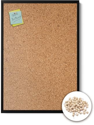 Wallfluent Korkplatte Wand 100x70 cm 1,5 cm Dicke Memo Board Naturkorkschicht mit Rahmen mit Schwarzer Rahmen aus Kunststoff Mit Pushpins Pinnwand Kork für Büro Schule und Zuhause