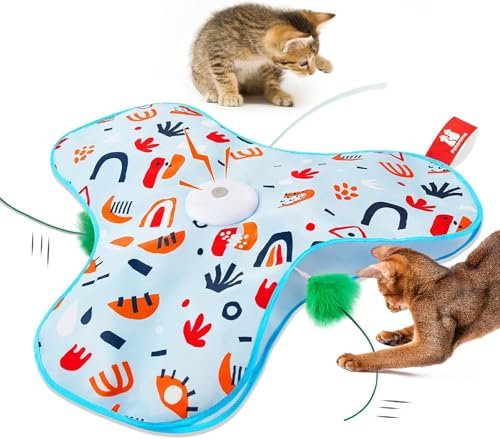 Potaroma Juguete Interactivo para Gatos – Juguete Automático Recargable con Plumas Móviles Ocultas, Sonido de Ratón, Activación por Toque, Ideal para Juegos y Ejercicio en Interiores Cubierta Floral