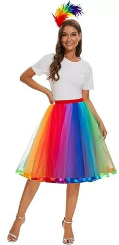 Regenbogen Tüllrock Damen, Regenbogen Rock Damen Tüll mit Elastischer Bund, Bunt Feder Stirnband, Regenbogen Rock Damen Tüll, Regenbogen Kostüm Damen für Karnevalspartys und Bühnenauftritt