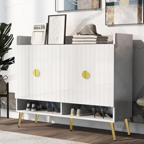 HYGRAD Modern Hallway Shoe Cabinet Wooden Large Entryway Shoe Organiser Cabinet Gold Legs 4 Door White Grey