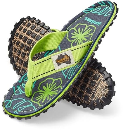 Gumbies Originals Blau - Flip Flops aus recycelten Materialien - robuste Sohle aus wiederverwerteten Autoreifen, weiches Fußbett aus Canvas-Baumwolle, bequemer Baumwoll-Zehensteg - Lime Hibiscus, 42