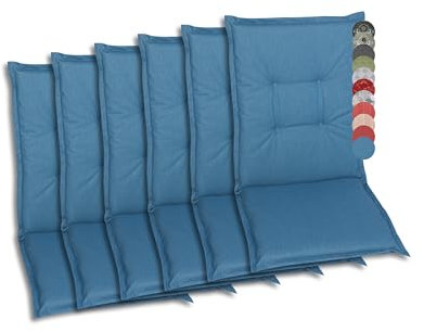 GO-DE Textil Bequeme und attraktive Polsterauflagen für Mittellehner-Gartenstühle (6er-Set, Design: Uni Blau)