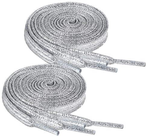 Ouligay 2 pares de cordones brillantes plateados de 9 mm de ancho y 120 cm de largo con purpurina, planos, anchos, brillantes, metálicos, para zapatillas de deporte, zapatillas de correr