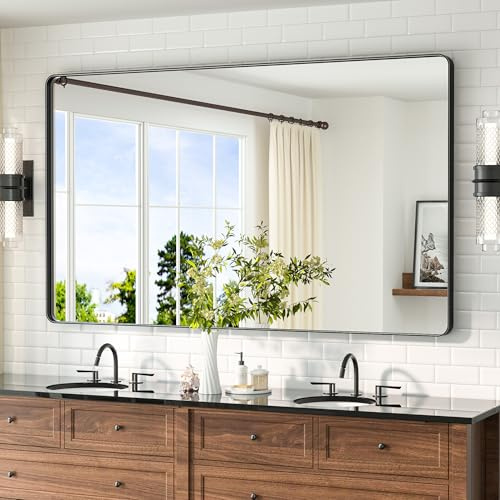 TETOTE 150x90cm Wandspiegel Schwarz Ohne Beleuchtung Spiegel Badezimmer | Rechteckig Badspiegel mit Runder Ecke, Metallrahmen Badezimmer Spiegel für Waschbecken, Gehärtetes Glas Dekorative Spiegel