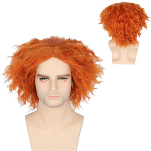 CGVG Verrückter Hutmacher Perücke Kurze Lockige Orange Perücke für Herren Hutmacher Kostüm Zubehör Clown Perücke für Halloween Karneval Cosplay