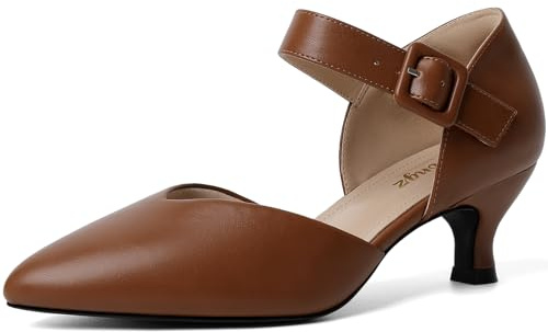 RIBONGZ Comfortable Kitten Heels for Women Pointed Closed Toe Ankle Strap Buckle Heels Slip on Low Heel Church Pumps Wedding Bridal Party Dressy Shoes, Brown, 10 UK