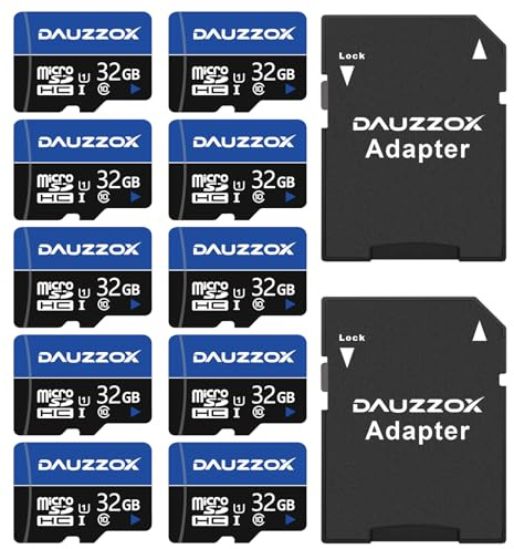 Cartes Micro SD 32Go Lot de 10, DAUZZOX Carte Micro Mémoire MicroSDHC U1 C10 UHS-I, Lecture Maximale 80 Mo/s, pour Smartphone, Appareil Photo, Surveillance, Enregistreur de Conduite, avec Adaptateurs