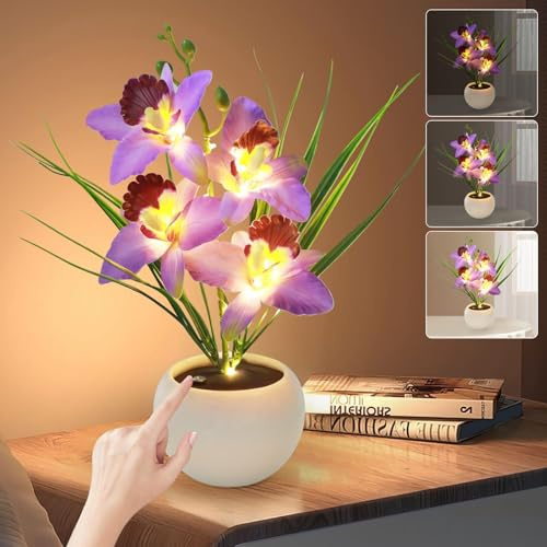 BVI BOOMERVIVI Lampada da Tavolo con Fiore di Orchidea Artificiale, Luce Notturna con Dimmer Touch Senza Gradini, Ricaricabile USB con Vaso, Luci Decorative da Tavolo a LED per Festa, Decorazione