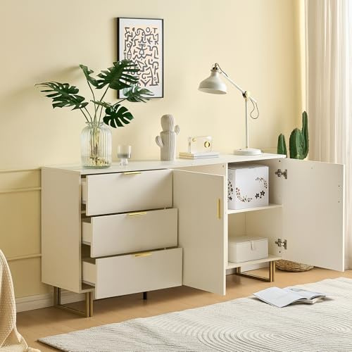 Modernes 2-Türiger und 3-Schubladen Sideboard – 160cm Elegantes MDF-Möbel mit goldenen Zinklegierung-Griffen,stabilen Stahlbeinen in Braun,für stilvolle Aufbewahrung in Wohnzimmer oder Esszimmer