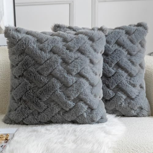 Yaertun 2er Set Dekorative Kissenbezüge dicken Plüsch Kissenhüllen aus weichem Kunst Kaninchenfell Sofakissen Couchkissen Dekokissen Zierkissenbezug für Sofa Bett und Wohnzimmer 40x40 cm Grau