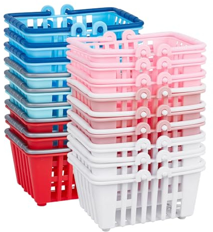 PH PandaHall 6 Farben Mini Einkaufskorb 18 Stück Kleiner Supermarkt Wagen Miniatur Aufbewahrungskorb Plastik Lebensmittel Behälter mit Griffen für Partyschmuck Puppenhaus Küche Vorspielen, 6.6x5cm