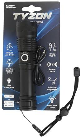 TyZOn Torcia Tattica a LED 600–1600 lm, Zoom Regolabile, 5 Modalità (Alto/Medio/Basso/Strobo/SOS), Corpo in Alluminio, Ricarica USB-C, per Casa Outdoor Lavoro