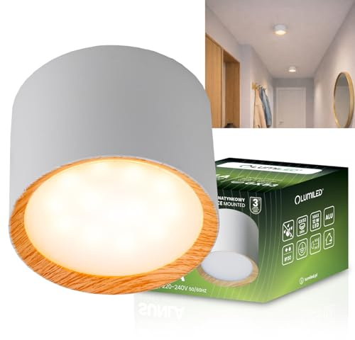 Lumiled Aufbauspot GX53 Fassung Weiß Holz Akzent Natur Deckenspots Aufputz Deckenstrahler Aufbaustrahler Modern Spot Deckenleuchte Rund Aluminium für Flur Wohnzimmer Küche Schlafzimmer H: 6 cm