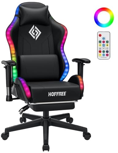 HOFFREE LED Gaming Stuhl für Kinder 155°Computer Stuhl RGB Lichter-Schwarz | Liegestühle mit Fußbrett;Ergonomischer Gaming Sessel für Teenager 6-15;PC Gamer Stuhl mit Lumbalstütze für Gaming und Lernen