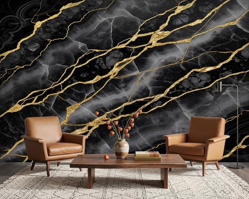 PaxGloz Black and Gold Marble Wallpaper, Grey and Black Marble Wall Mural for Living Room & Bedroom, Non-Woven Decorative Wall Art 150x105 cm