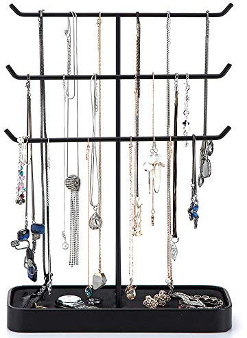 JACKCUBE DESIGN Metal 3 Tier Jewellery Display Stand Tree Organiser Bracelet Necklace Holder Rack Hanger Tower with Earring Ring Tray Storage Tabletop(Black, 30.7 x 10.4 x 40.8 cm) – :MK320D