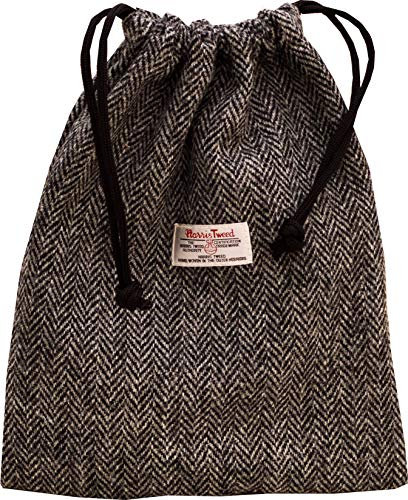 Vagabond Bags Ltd Harris Tweed Herringbone Drawstring Bag Kulturtasche, 31 cm, Schwarz (Black & White Tweed)
